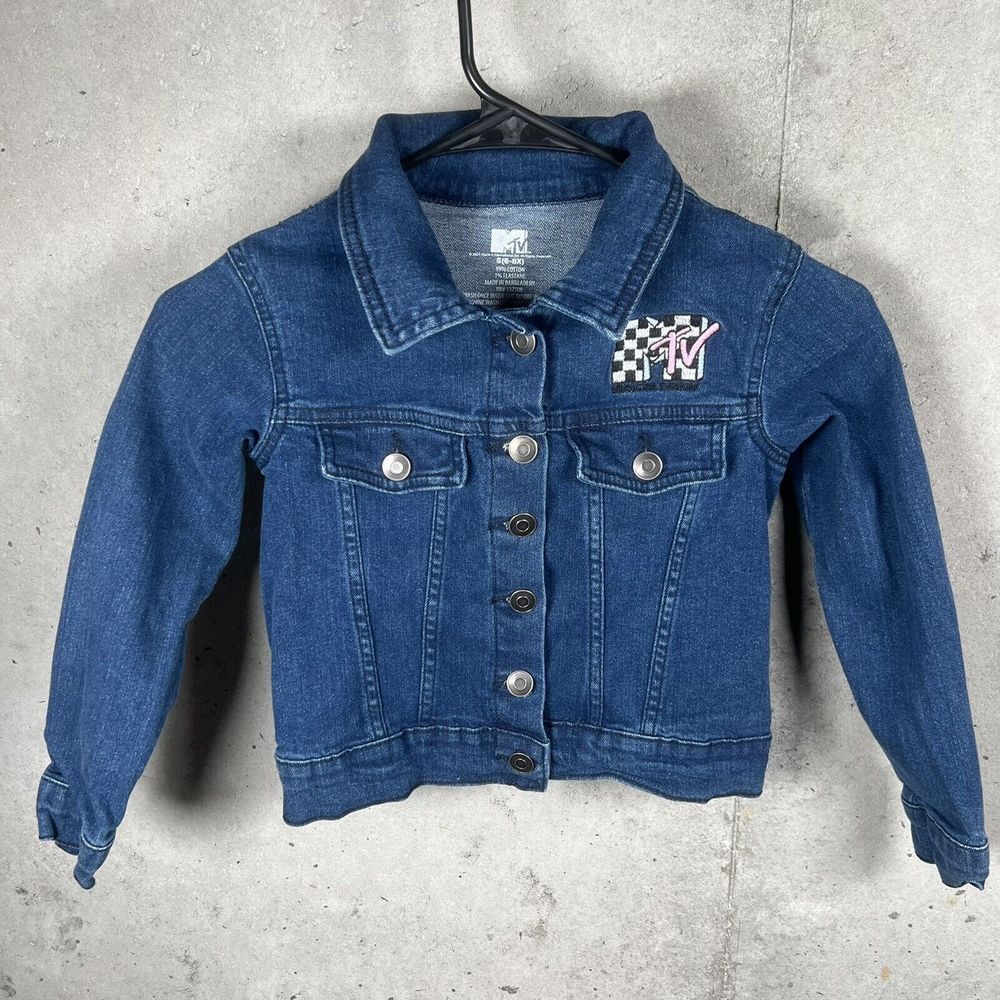 MTV Girls Denim Jean Jacket‎ Sz 6 6x Vintage Style Dark Blue Wash Y2K Stretch